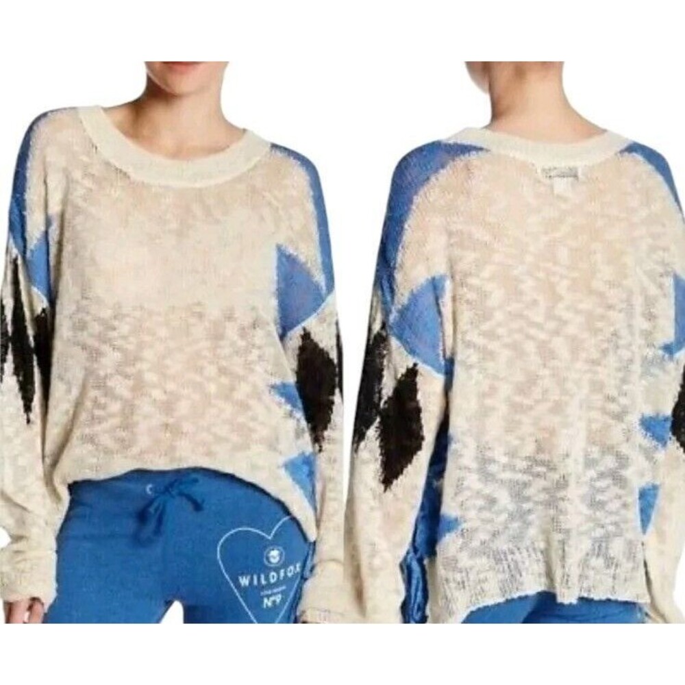 Wildfox Boho Slouchy Sweater Size XS Cream Geometric Print Open Weave Tie Up NWT